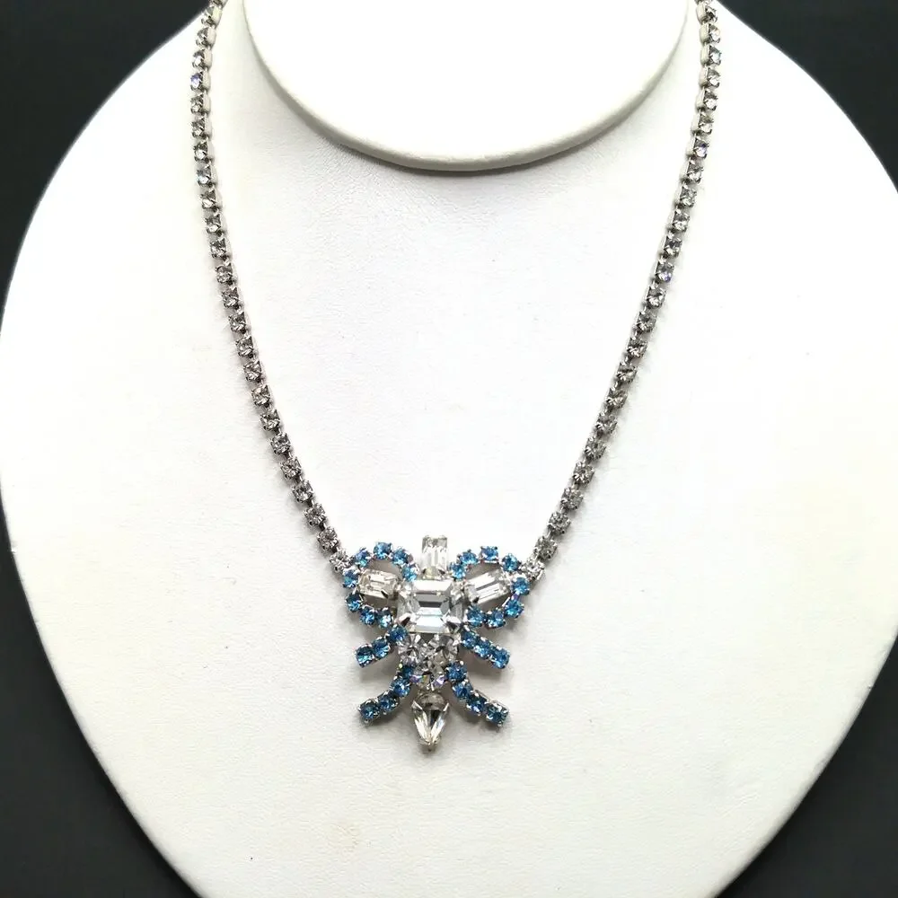 Mid-Century Turquoise Blue Clear Rhinestone Choker Necklace, Rhodium Plated